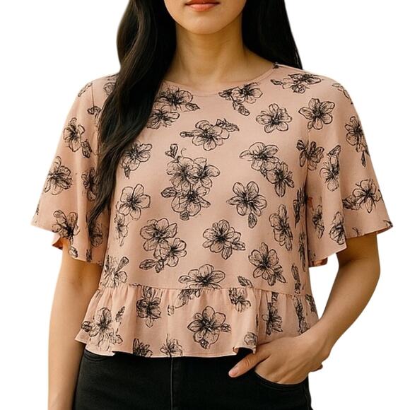 a.n.a Pink and Black Blouse Ruffled Floral Blouse Short Sleeve Y2K Size XS - Picture 1 of 8